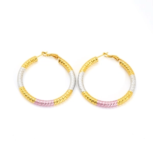 Three-tone titanium steel hoop earrings with textured finish in gold silver and rose gold