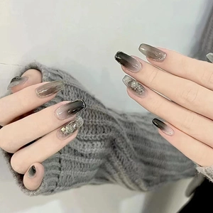 Gray Gradient Marble Smudging Press On Nails Coffin Fake Nails With Silver Glitter Mysterious Dark Style Elegant For Women