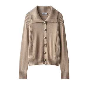 Women Knit Cardigan Sweater V-Neck Single Breasted Long Sleeve Large Collar Pockets Casual Textured Fashion