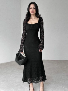 Slim fit black lace long dress with square neck and elegant trumpet sleeves for women