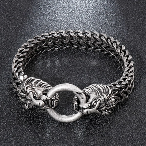 Macro view of retro stainless steel double lion head bracelet with detailed texture