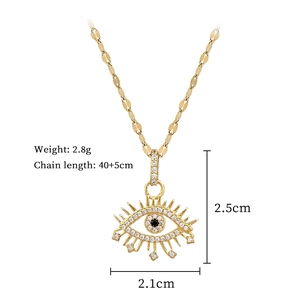 Detail showing titanium steel evil eye necklace with dimensions 2.5cm by 2.1cm