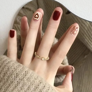 Press On Nails Short Square Round Sweet Heart Pattern Dark Red Marble Gradient Glitter Detachable Plastic False Nails