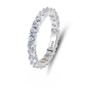 Close-up of S925 sterling silver eternity ring with round-cut cubic zirconia crystals
