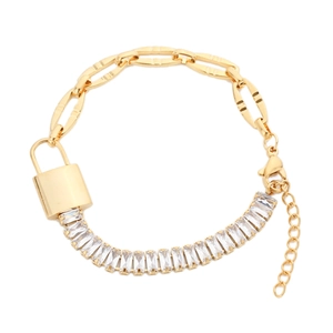 Gold titanium steel bracelet featuring a rectangular diamond chain and polished lock pendant