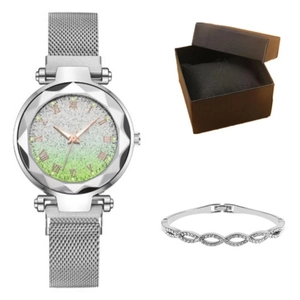 Women's watch set with silver magnetic strap, gradient dial and infinity bracelet