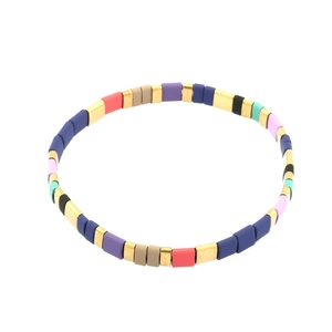Bohemian colorful enamel block stretch bracelet featuring matte and golden square beads