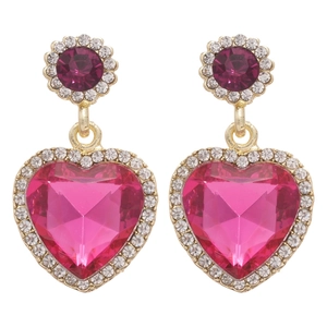 Boucles d'oreilles cœur en or avec cristaux roses et strass pavés, vue symétrique élégante