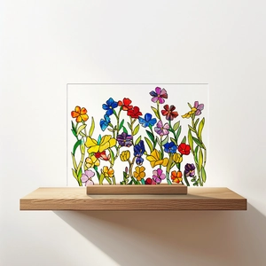 Detailed macro view of a colorful floral acrylic art piece on a rustic wooden stand