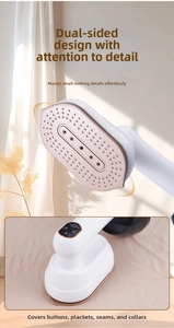 Detail of portable handheld garment steamer with pointed champagne gold soleplate and display