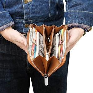Brown leather long wallet featuring multi-functional partitions and large capacity zip pockets