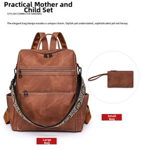 Brown faux leather backpack set with matching small pouch and ethnic embroidered strap