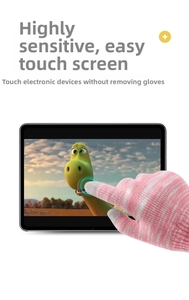 Guantes de punto a rayas rosas y blancas para niños con puntas táctiles grises de invierno