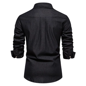 Back view of a men's black denim shirt showing the center box pleat and fabric texture