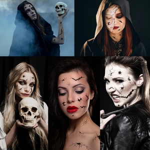 Detailed Halloween face tattoos with realistic black cracks and bullet hole effects