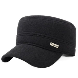 Men's winter flat top warm cap in black wool with Fashion metal logo side detail
