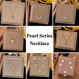 Elegant gold titanium steel necklace collection with white pearls in various designs