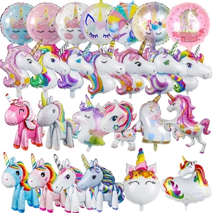 Various styles of colorful unicorn aluminum foil balloons for kids birthday party decoration