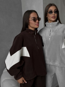 Women's autumn fleece tracksuit set with half-zip sweatshirt and wide-leg trousers