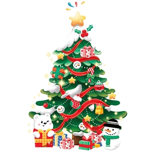 Cartoon Christmas tree wall stickers with snowman, polar bear, and gift boxes for window