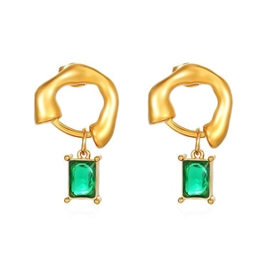 Boucles d'oreilles tendance en acier doré 18K avec pendentifs rectangulaires vert émeraude
