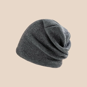 Close-up of dark grey ribbed knit beanie showing thick texture and warm woolen fabric