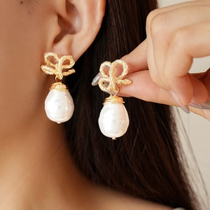 Artificial Baroque Pearl Drop Earrings With Golden Bow Knot And 925 Sterling Silver Earring Post For Women Retro Elegant Jewelry