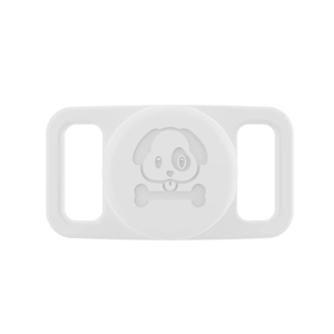 Detail view of white silicone AirTag case with dog and bone motifs for pet collars