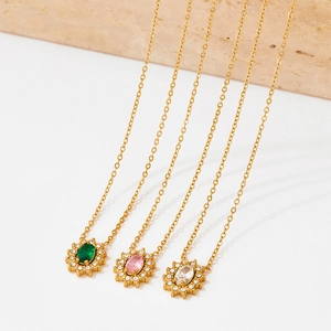 Collier Pendentif Halo En Zircone Cubique Ovale En Acier Inoxydable Design Tournesol Bijoux Pour Femmes