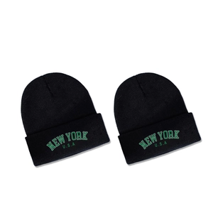 Set of two black knit beanies with New York USA embroidery in American retro style