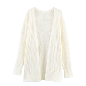 Cream white ribbed knit cardigan and tank top set with elegant vertical textures