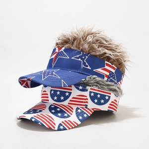 Baseball cap with synthetic curly hair wig featuring American flag star and stripe design