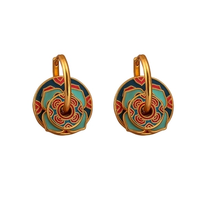 Traditional Chinese style enamel earrings with floral patterns and gold-plated finish
