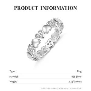 Minimalist S925 sterling silver heart-shaped ring with pavé diamond accents and high polish
