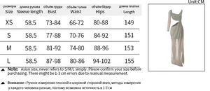 Detailed size chart for sexy cutout evening dress showing measurements in CM from XS to L