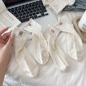 4-pack beige cotton blend crew socks with colorful speckles and cute bear embroidery