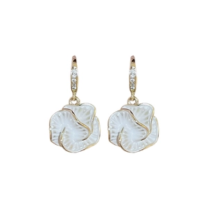 Vintage gold plated flower drop earrings with white petals and zircon inlays on hooks