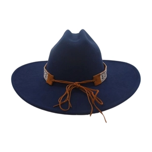 Close-up of navy wool fedora hat with ethnic pattern leather band detail