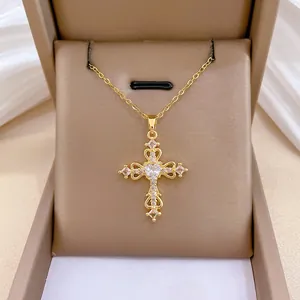 Hollow Heart Cross Pendant Necklace With Stainless Steel Chain And Copper Micro Pave Zirconia Luxury Jewelry For Women