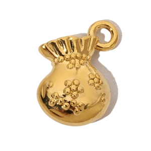 Detailed close-up of a 3D gold-plated money bag pendant with intricate floral engravings