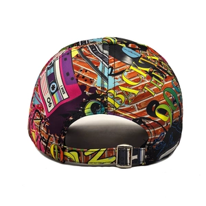 Detail of adjustable metal buckle on retro 90s graffiti baseball cap with tape print