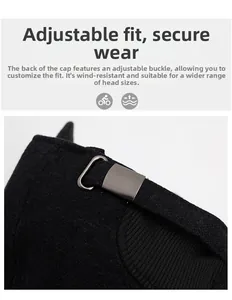 Detail of adjustable metal buckle on black winter baseball cap for custom fit and windproof grip
