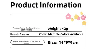 Corduroy makeup bag specifications showing dimensions 16x9x9cm and 42g lightweight design