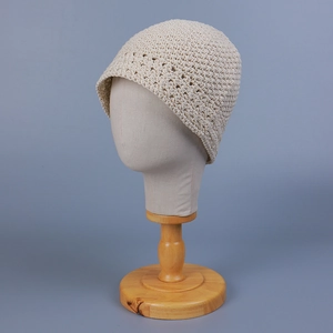 Stylish beige hand-crochet bucket hat with hollow-out brim details for men and women
