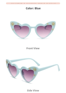 Blue heart-shaped kids sunglasses featuring yellow daisy accents and purple gradient lenses