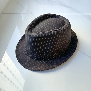 Vintage dark gray striped fedora hat for men and women shown from a 45-degree angle