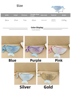 Detailed size chart and five color options for the mermaid sequin belt bag for girls