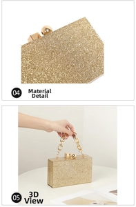 Détail de la texture pailletée et structure globale de la pochette de soirée dorée chic