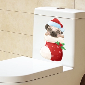Christmas pug in stocking toilet sticker for festive bathroom wall decor application