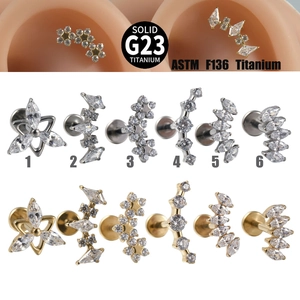 G23 Titanium Lip Ring Stud Internal Thread Flat Back Labret Piercing Marquise Cubic Zirconia Flower Curved Jewelry